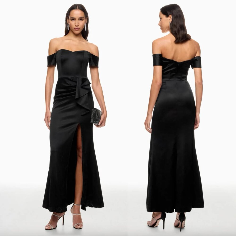 Dress The Population Gabrielle Maxi Dress Black Satin Off Shoulder Formal Gown L